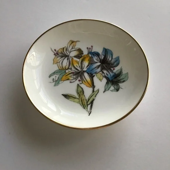 Minton English Bone China Tiger Lilly Trinket Dish Blue & Yellow Floral Vintage - Picture 6 of 10